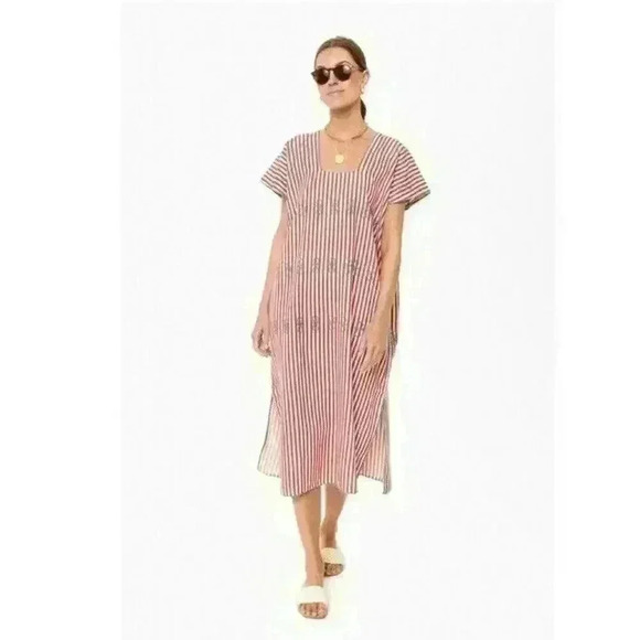 Tuckernuck Dresses & Skirts - Tuckernuck Striped Red Embroidered Sullivan Kaftan Maxi Dress Size Large